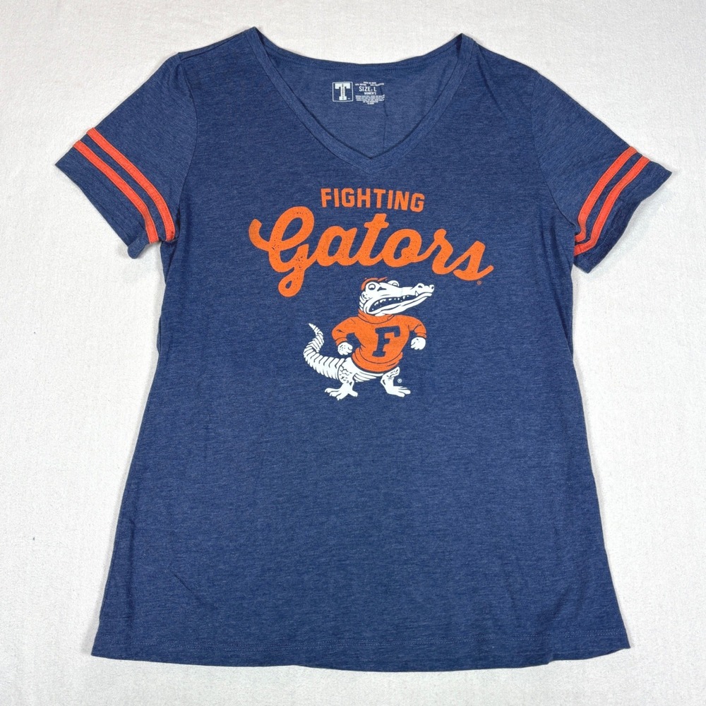 Florida Gators Fighting Gators V-Neck Graphic T-Shirt Blue Orange Womens Large